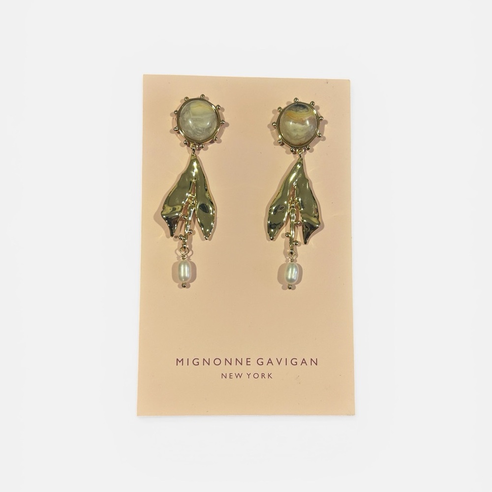 Mignonne Gavigan Gold Leaf Earrings with Pearl Drops